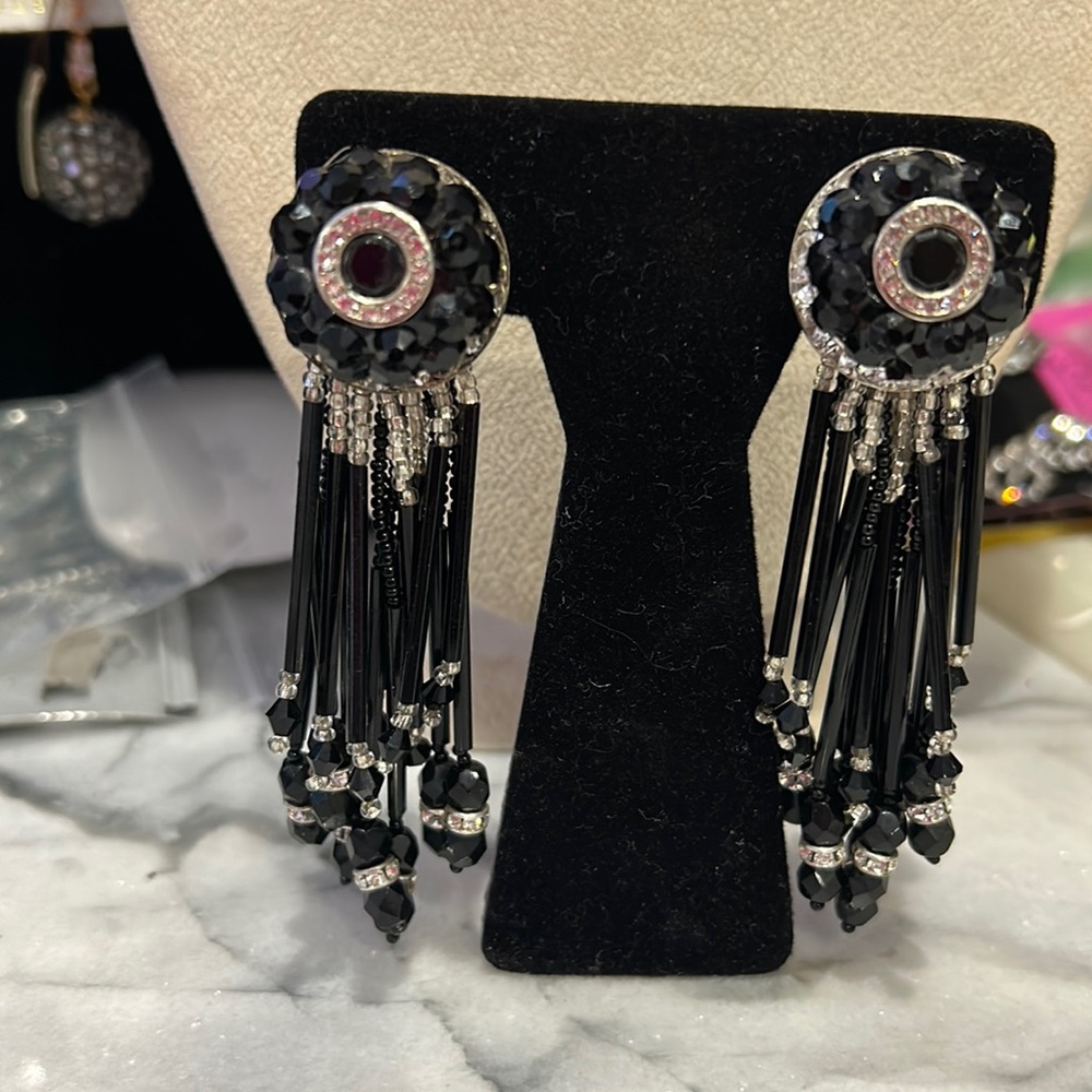 Custom Jet Black & Silver Dressy Statement Earrings-NWT-Boutique